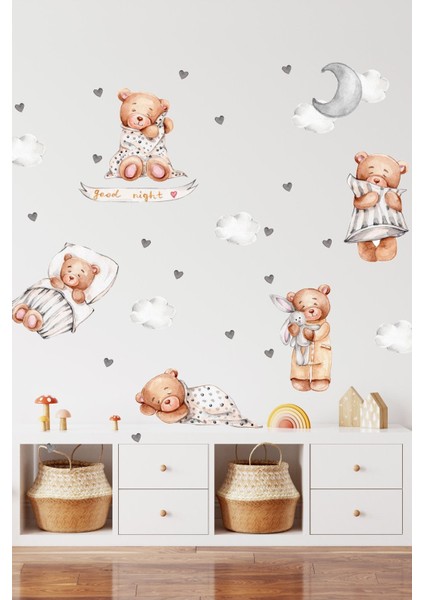 SIM377 Mega Boy Sevimli Ayıcıklar Iyi Uykular Çocuk Odası Duvar Sticker Seti