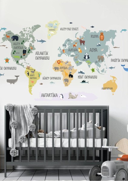 Renkli Çocuk Odası Harita Duvar Sticker'ı, Eğlenceli ve Öğretici Dekorasyon Parçası