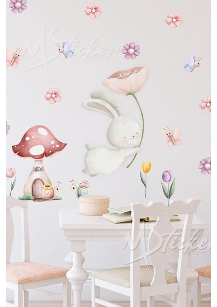 Bahar temalı sevimli tavşan ve arkadaşları çocuk odası sticker seti, 5+ parça, renkli