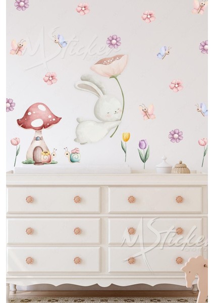 Bahar temalı sevimli tavşan ve arkadaşları çocuk odası sticker seti, 5+ parça, renkli fiyatları