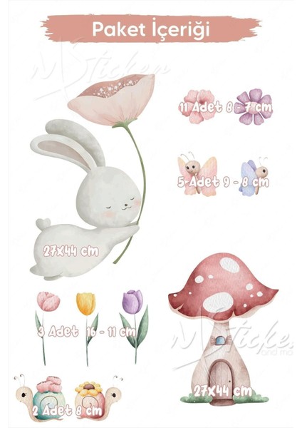 Bahar temalı sevimli tavşan ve arkadaşları çocuk odası sticker seti, 5+ parça, renkli modelleri