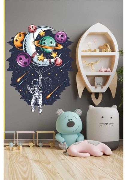 Renkli Uzay Temalı Kendinden Yapışkanlı Duvar Stickerı, Çocuk ve Bebek Odası Dekoru
