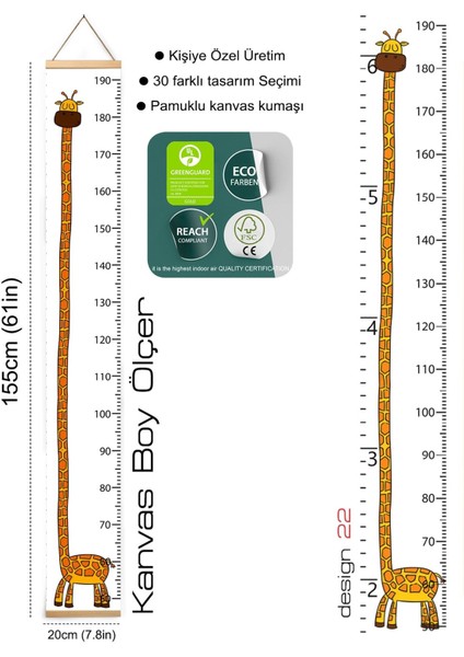 Sevimli Zürafa Temalı Çocuk Odası Boy Ölçer, Kanvas Boy Ölçüm Cetveli