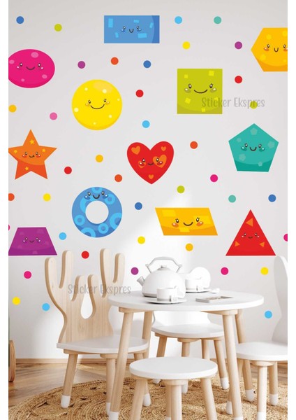 Renkli geometrik şekiller çocuk odası eğitici sticker seti, 5+ parça, çok renkli, figür desenli