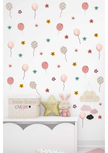 Ipli Balonlar ve Çiçekler Çocuk Odası Duvar Sticker Seti