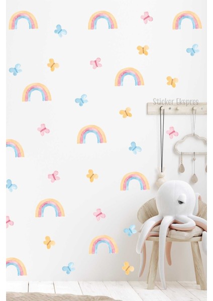 Renkli Suluboya Gökkuşakları ve Kelebekler Çocuk Odası Duvar Sticker Seti