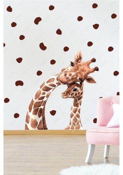 Sevimli Zürafa Ailesi Çocuk Bebek Odası Sticker Seti Zürafalar ve Puantiyeler