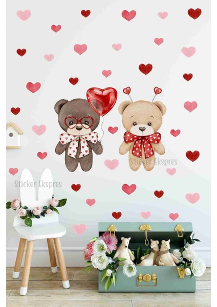 Sevgi Dolu Şirin Ayıcıklar ve Kalpler Duvar Cam Kapı Sticker Seti