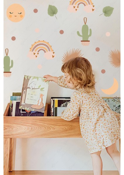 Renkli gökkuşağı ve bohem figürler çocuk odası dekor sticker seti