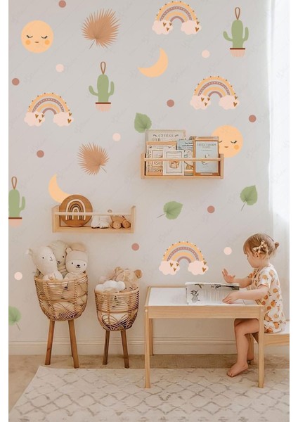 Renkli gökkuşağı ve bohem figürler çocuk odası dekor sticker seti fiyatları