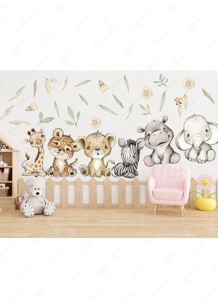 Çocuk odası renkli hayvan ve yaprak sticker seti, neşeli dekorasyon aksesuarı