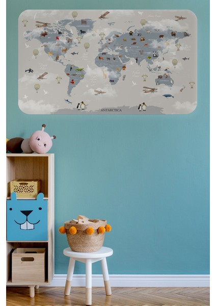 Renkli ve eğlenceli çocuk odası dünya haritası duvar stickerı