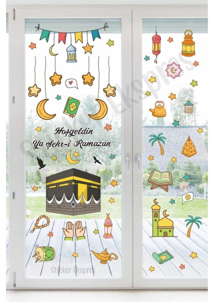 Renkli Ramazan ve Kabe Temalı 5+ Cam Duvar Kapı Sticker Seti, Çok Renkli, TR Menşei fiyatları