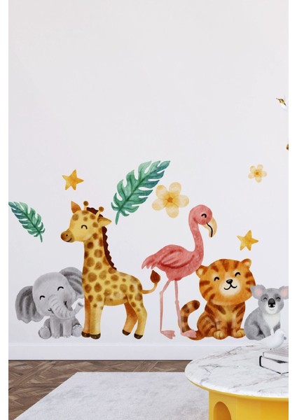 Renkli suluboya efektli sevimli hayvanlar duvar stickerleri, çocuk ve genç odası dekoru