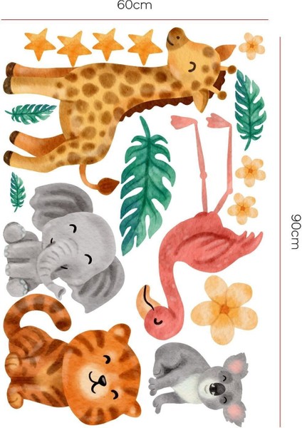 Renkli suluboya efektli sevimli hayvanlar duvar stickerleri, çocuk ve genç odası dekoru indirimleri