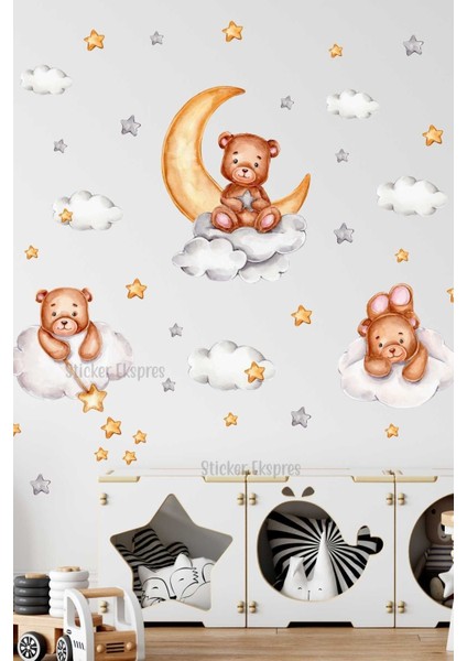 Çocuk odası renkli yıldız ve ayıcık yapışkan seti, 5+ parça, sevimli dekorasyon.