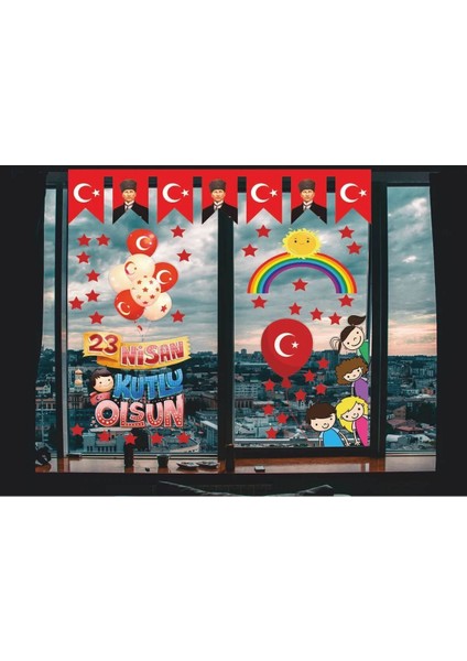 23 Nisan Çocuk Bayramı Renkli Cam Duvar Süsleme Sticker Seti, 5+ parça, çocuk odası için