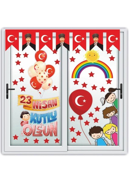 23 Nisan Çocuk Bayramı Renkli Cam Duvar Süsleme Sticker Seti, 5+ parça, çocuk odası için fiyatları