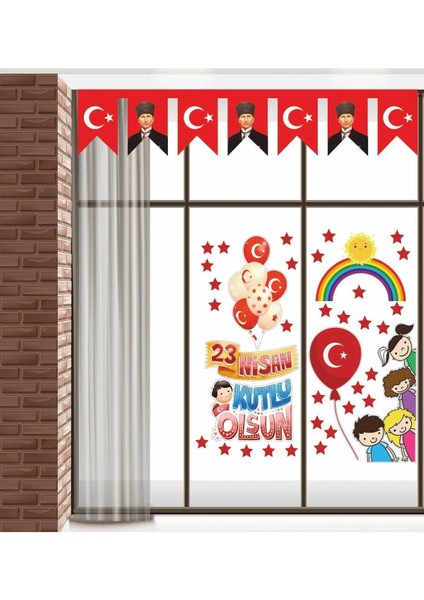 23 Nisan Çocuk Bayramı Renkli Cam Duvar Süsleme Sticker Seti, 5+ parça, çocuk odası için modelleri