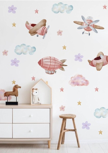 Pembe Yolculuk Çocuk Odası Duvar Stickerı, Renkli ve Sevimli Dekoratif Çıkartma modelleri