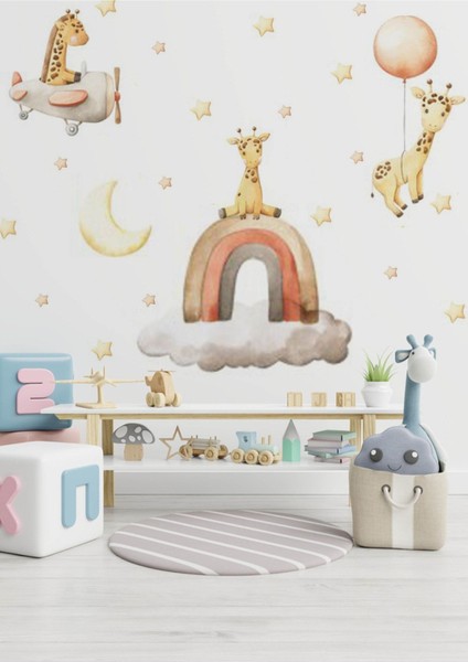Sevimli Giraffe Temalı Renkli Çocuk Odası Duvar Stickerı, Eğlenceli Dekorasyon