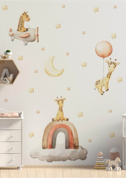 Sevimli Giraffe Temalı Renkli Çocuk Odası Duvar Stickerı, Eğlenceli Dekorasyon modelleri
