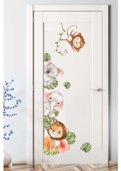 Renkli Suluboya Tropikal Safari Hayvanlar Çocuk Odası Kapı Sticker Seti