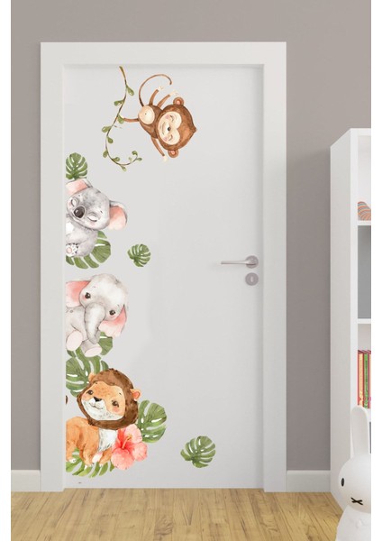 Renkli Suluboya Tropikal Safari Hayvanlar Çocuk Odası Kapı Sticker Seti fiyatları