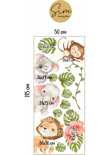 Renkli Suluboya Tropikal Safari Hayvanlar Çocuk Odası Kapı Sticker Seti modelleri