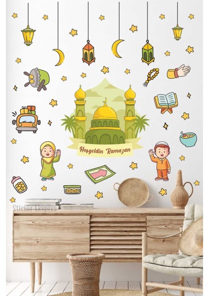 Ramazan ve cami temalı dekor sticker seti, duvar ve kapı süsleri, çok renkli, 5+ parça