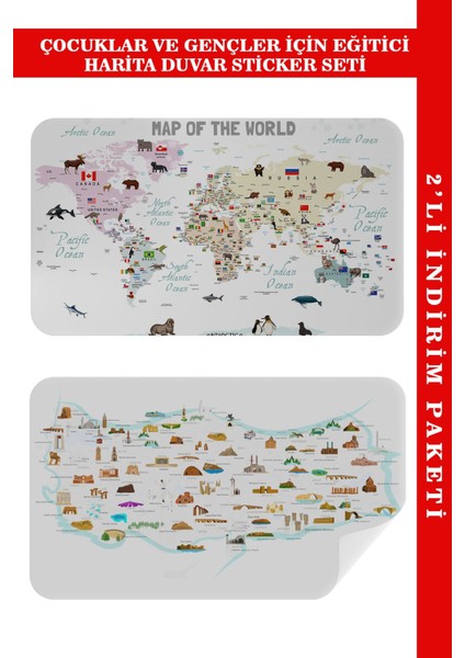 Renkli Dünya ve Türkiye Haritası Öğretici Duvar Sticker, Çocuklar İçin Eğlenceli Dekorasyon