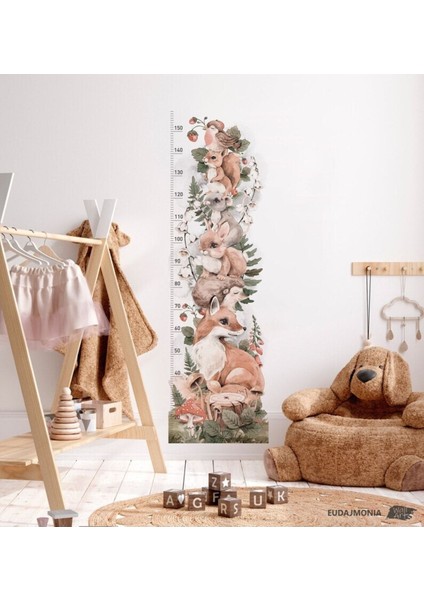 Renkli orman hayvanları boy ölçer, çocuk odası duvar stickerı, eğlenceli dekorasyon