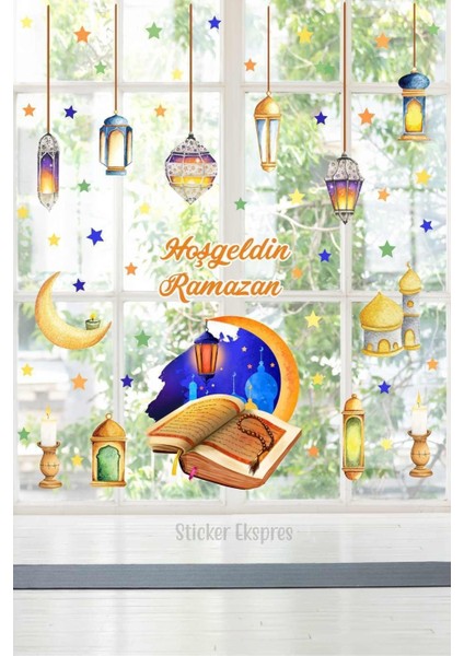 Ramazan ve Kur'an temalı şık 5+ parça renkli cam kapı duvar sticker seti