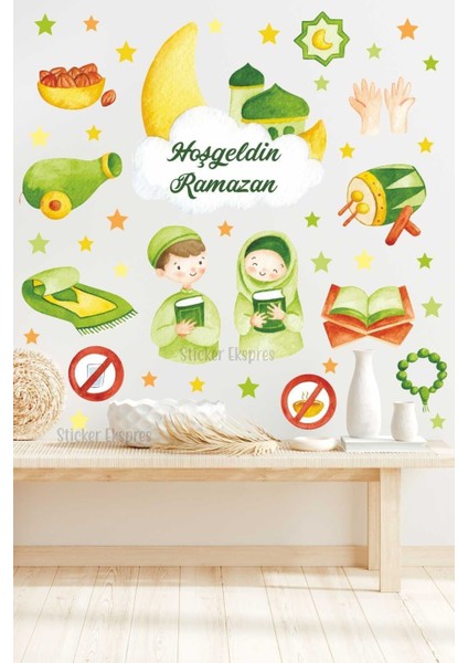 Ramazan Temalı 5+ Parça Çok Renkli Cam Kapı ve Duvar Sticker Seti, Hoşgeldin Kutlaması için.