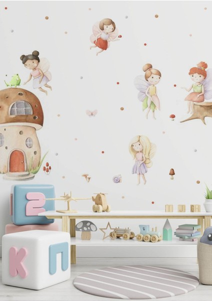 Renkli Çocuk Odası Peri Masalı Duvar Stickerı, Eğlenceli ve Canlı Dekorasyon Seçeneği