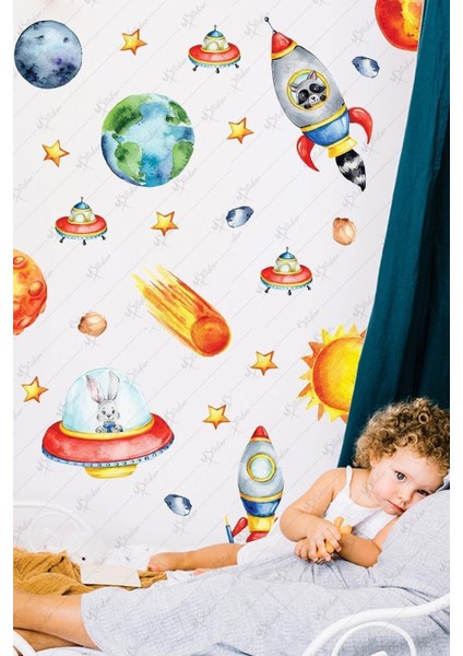Renkli Uzay Temalı Tavşan Çocuk Odası Sticker Seti, Eğlenceli ve Dekoratif Hediye