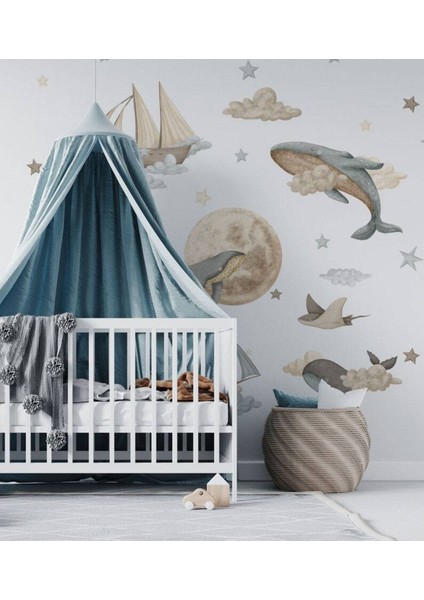 Renkli Balina Çocuk Odası Duvar Stickerı, Eğlenceli ve Canlı Dekorasyon