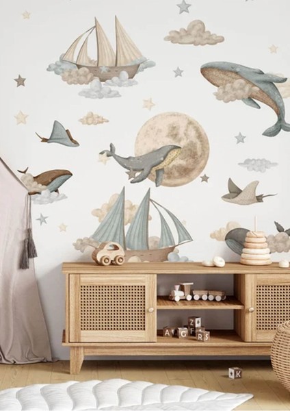 Renkli Balina Çocuk Odası Duvar Stickerı, Eğlenceli ve Canlı Dekorasyon modelleri