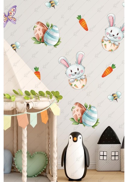 Renkli Tavşan ve Bahar Figürleri Sticker Seti, Paskalya Temalı Dekorasyon Çeşidi