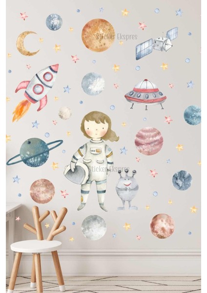 Renkli uzay temalı çocuk odası duvar çıkartması, 5+ parça, eğlenceli dekorasyon seti