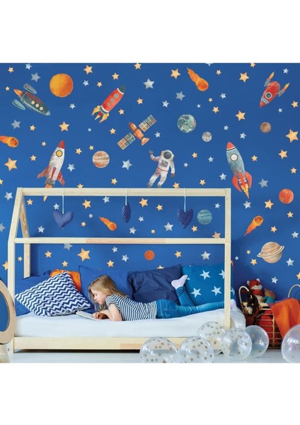 Pastel renkli uzay temalı çocuk odası duvar sticker seti, XXL, 5+ parça, mavi