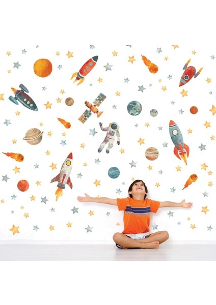 Pastel renkli uzay temalı çocuk odası duvar sticker seti, XXL, 5+ parça, mavi fiyatları