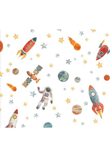 Pastel renkli uzay temalı çocuk odası duvar sticker seti, XXL, 5+ parça, mavi modelleri