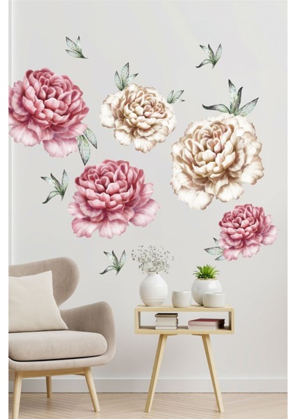 Pembe ve krem şakayık çiçek duvar sticker seti, şık ve doğal dekorasyon için ideal.