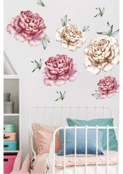 Pembe ve krem şakayık çiçek duvar sticker seti, şık ve doğal dekorasyon için ideal. fiyatları