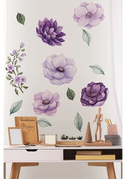 Mor Çiçekler Sulu Boya Duvar Sticker, Renkli ve Şık Dekorasyon Parça 5+