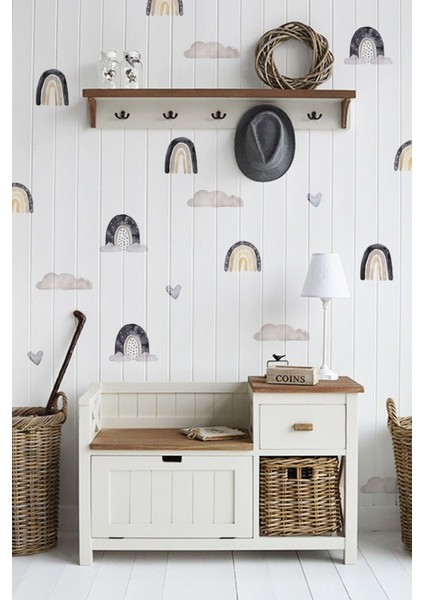 Çocuk odası renkli gökkuşağı ve bulutlar duvar çıkartması, neşeli dekorasyon.