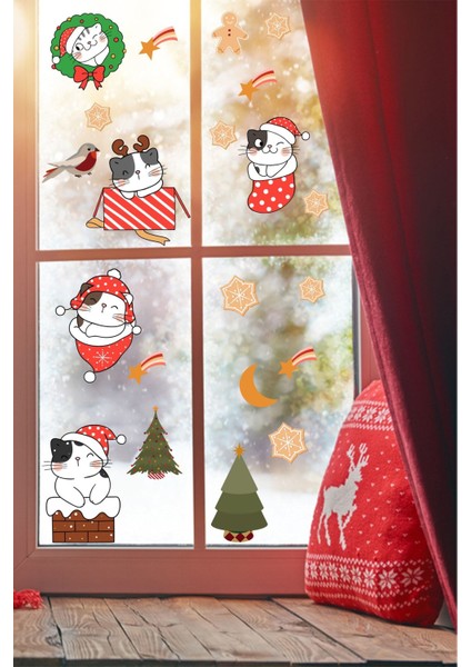 Sevimli Kediler ve Yıldızlar Temalı Çocuk Odası Duvar Sticker, Renkli ve Beyaz