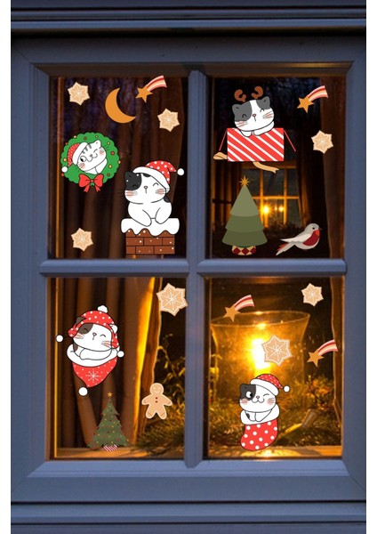 Sevimli Kediler ve Yıldızlar Temalı Çocuk Odası Duvar Sticker, Renkli ve Beyaz modelleri