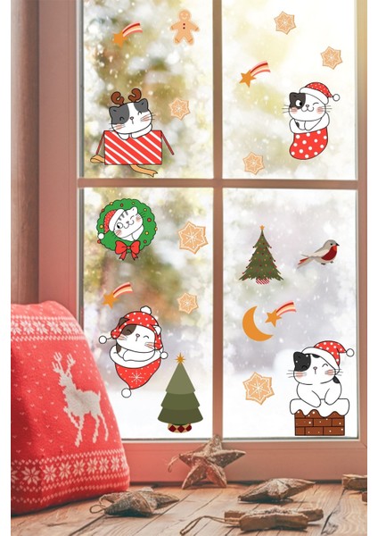 Sevimli Kediler ve Yıldızlar Temalı Çocuk Odası Duvar Sticker, Renkli ve Beyaz indirimleri